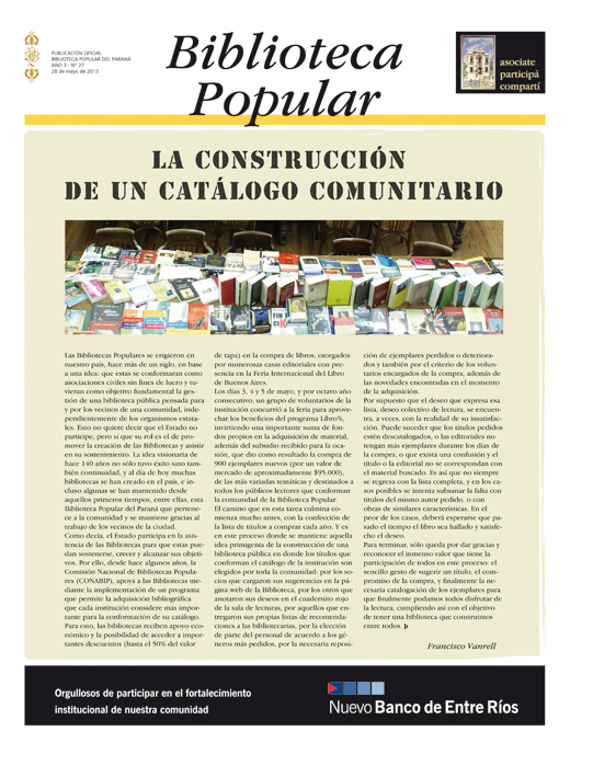 Tapa del Suplemento Biblioteca Popular del 28 de mayo de 2013, listando las novedades compradas en la feria del libro